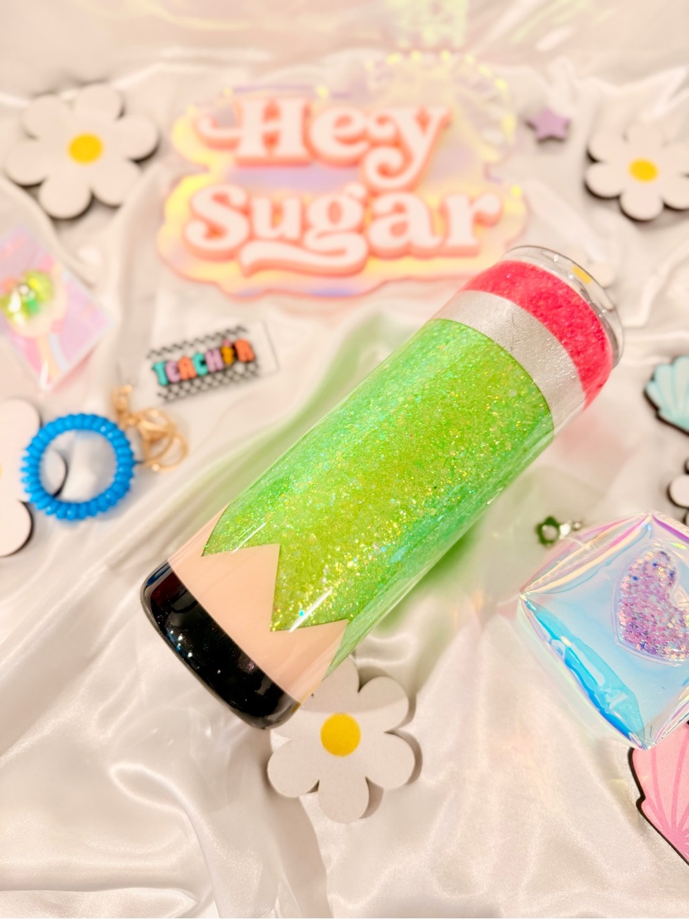 20oz skinny Glitter Pencil themed Tumbler - Neon Green & Pink